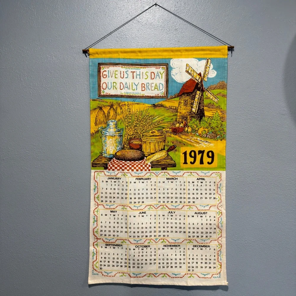 Vtg 1979 Linen Calendar Towel Give Us This Day Our Daily Bread Windmill 16x27
